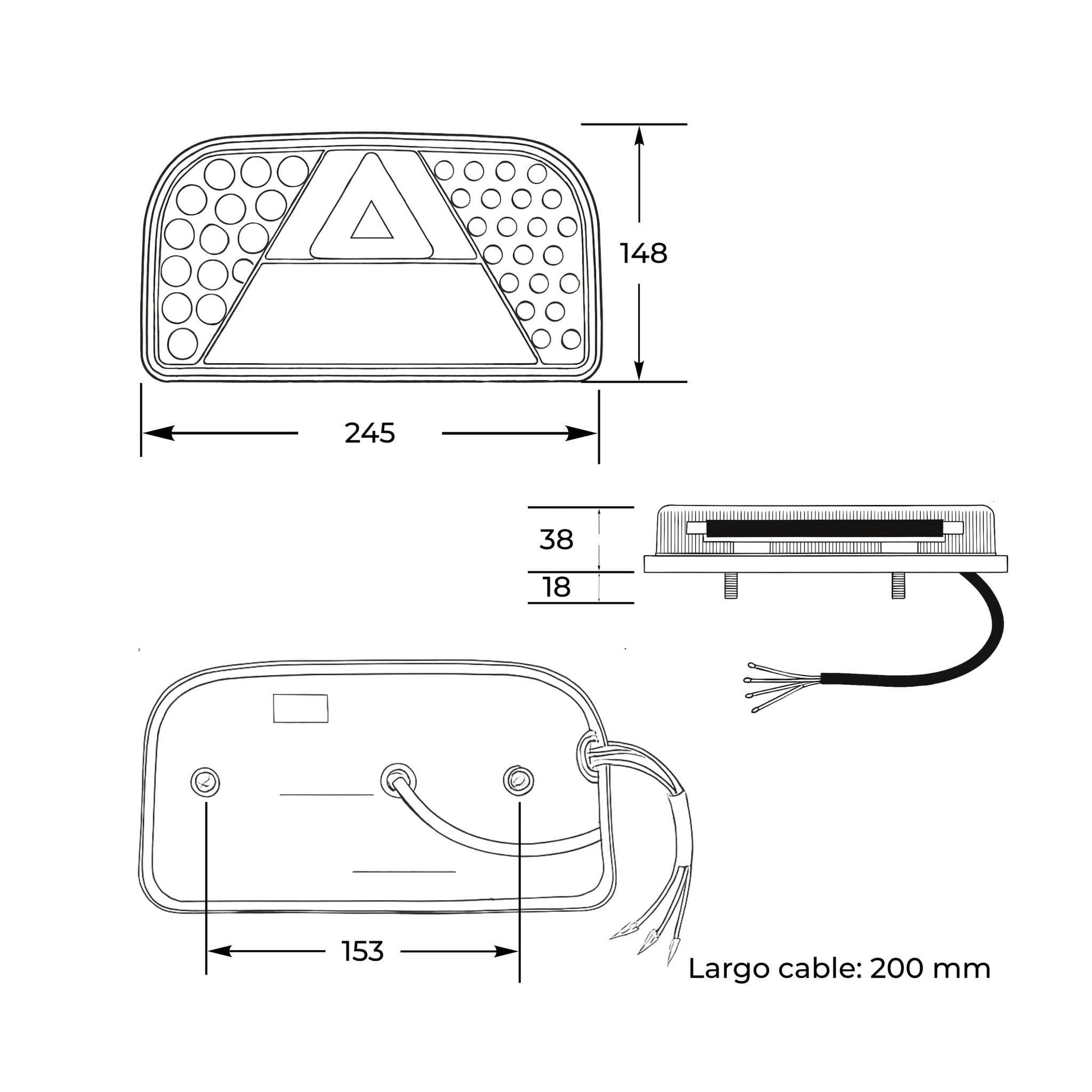 Piloto trasero izquierdo LED con triángulo para remolque. 6 funciones, 12-24 V, IP64 y homologación E4.