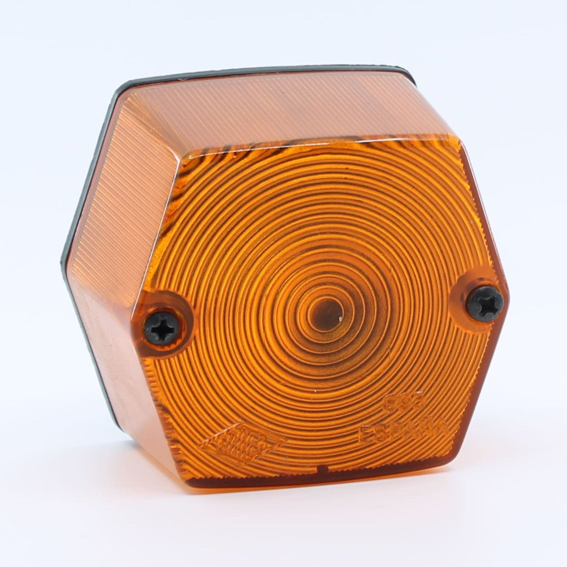 Piloto de posición lateral Rinder con diseño hexagonal y tecnología de bombilla, color ámbar, 12 V, homologada E9. No incluye bombilla, ni cable.