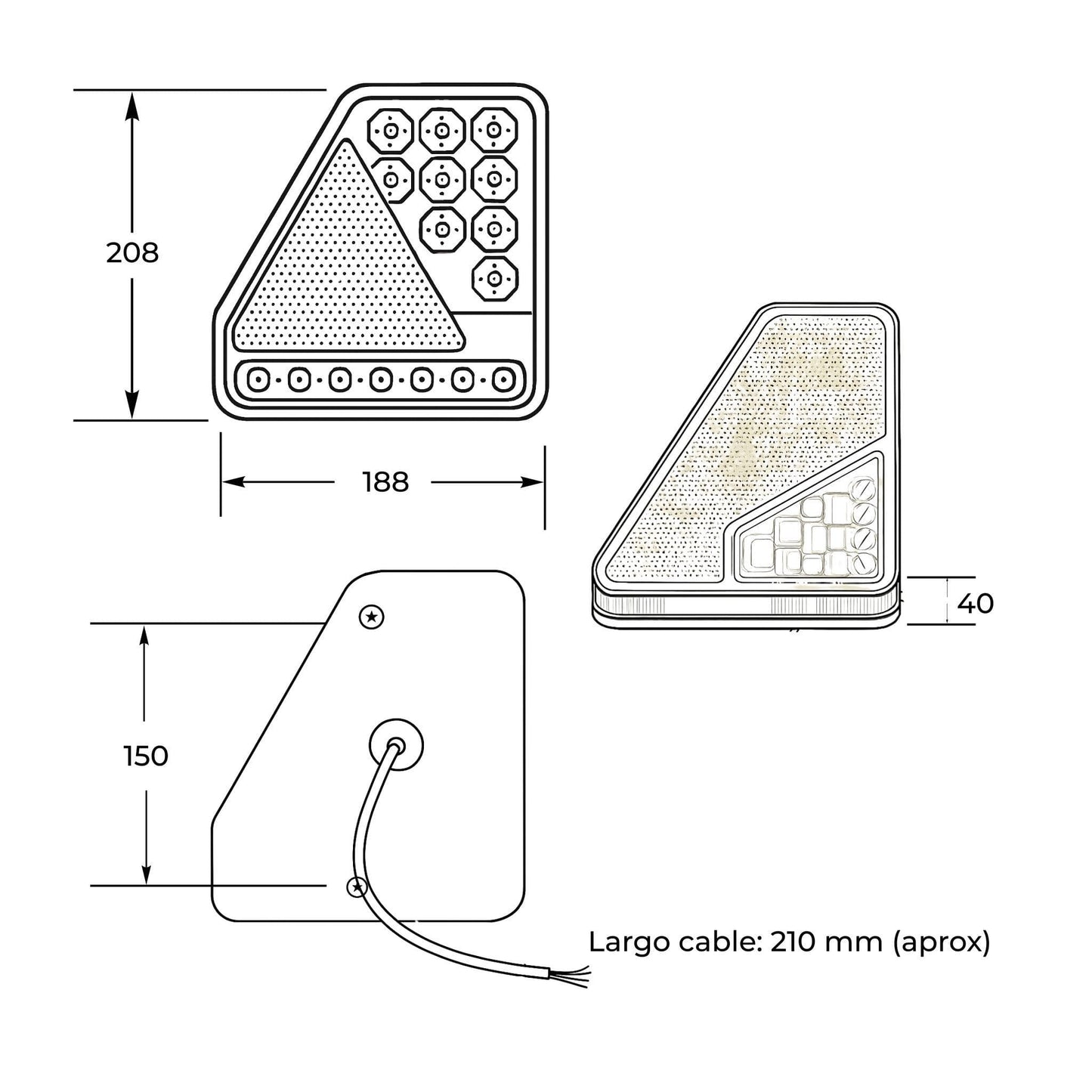 Piloto trasero izquierdo LED de 6 funciones para remolque, 12-24 V. Protección IP64 y homologación E4.
