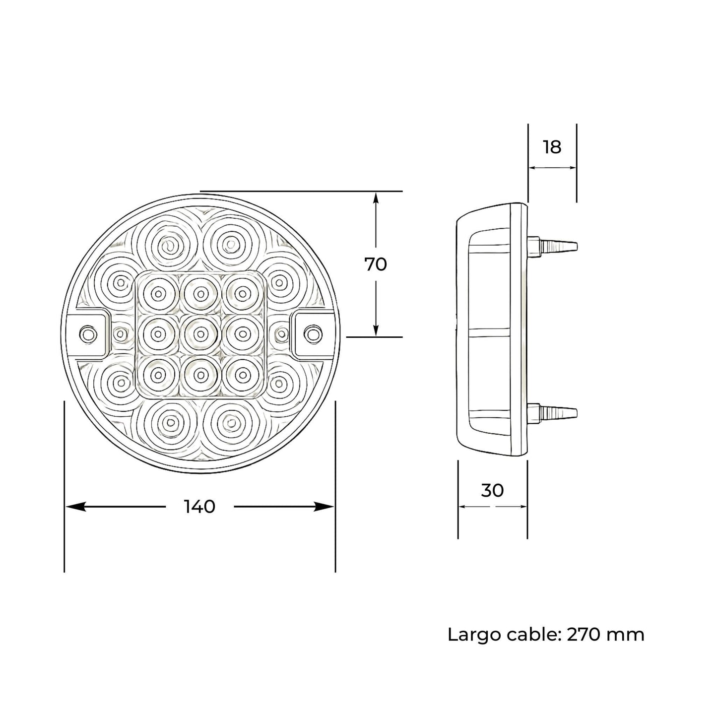 Piloto trasero LED redondo de 3 funciones con voltaje de 12 V, certificación IP67 y homologación E4.