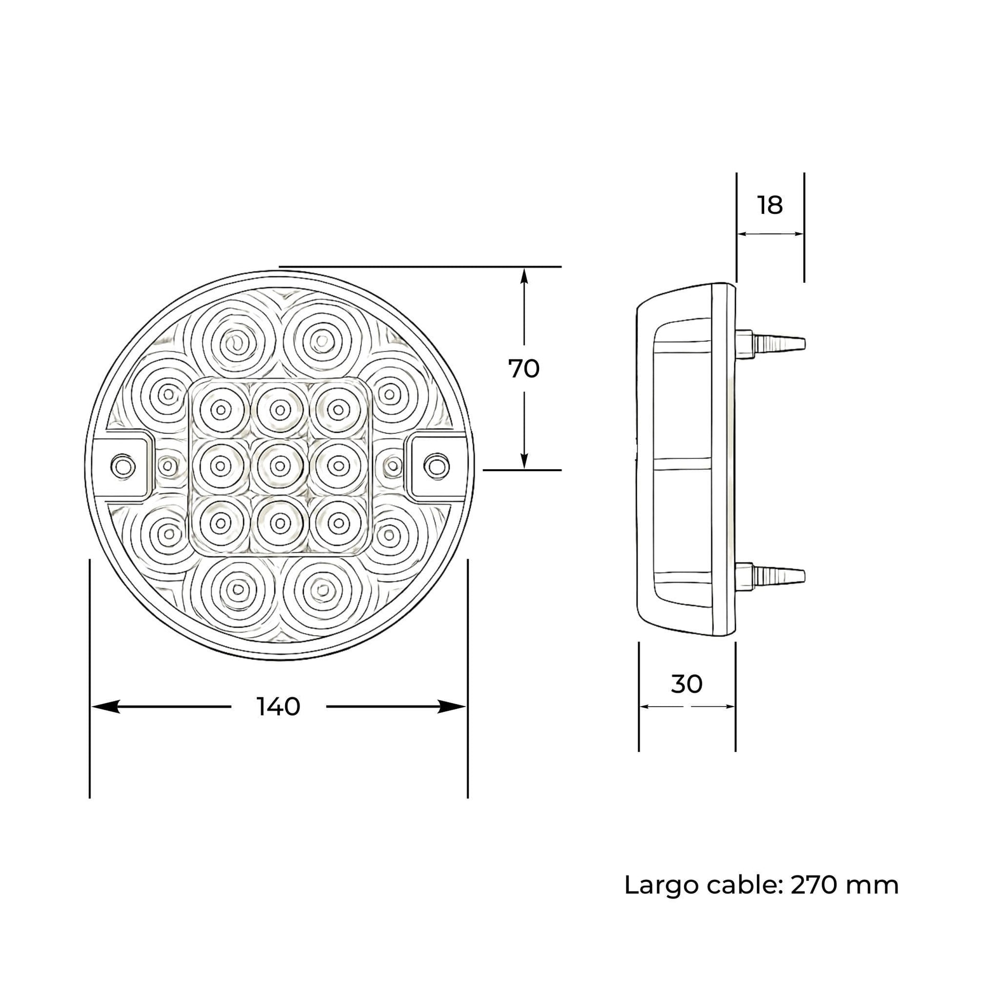 Piloto trasero LED redondo de 3 funciones con voltaje de 12 V, certificación IP67 y homologación E4.