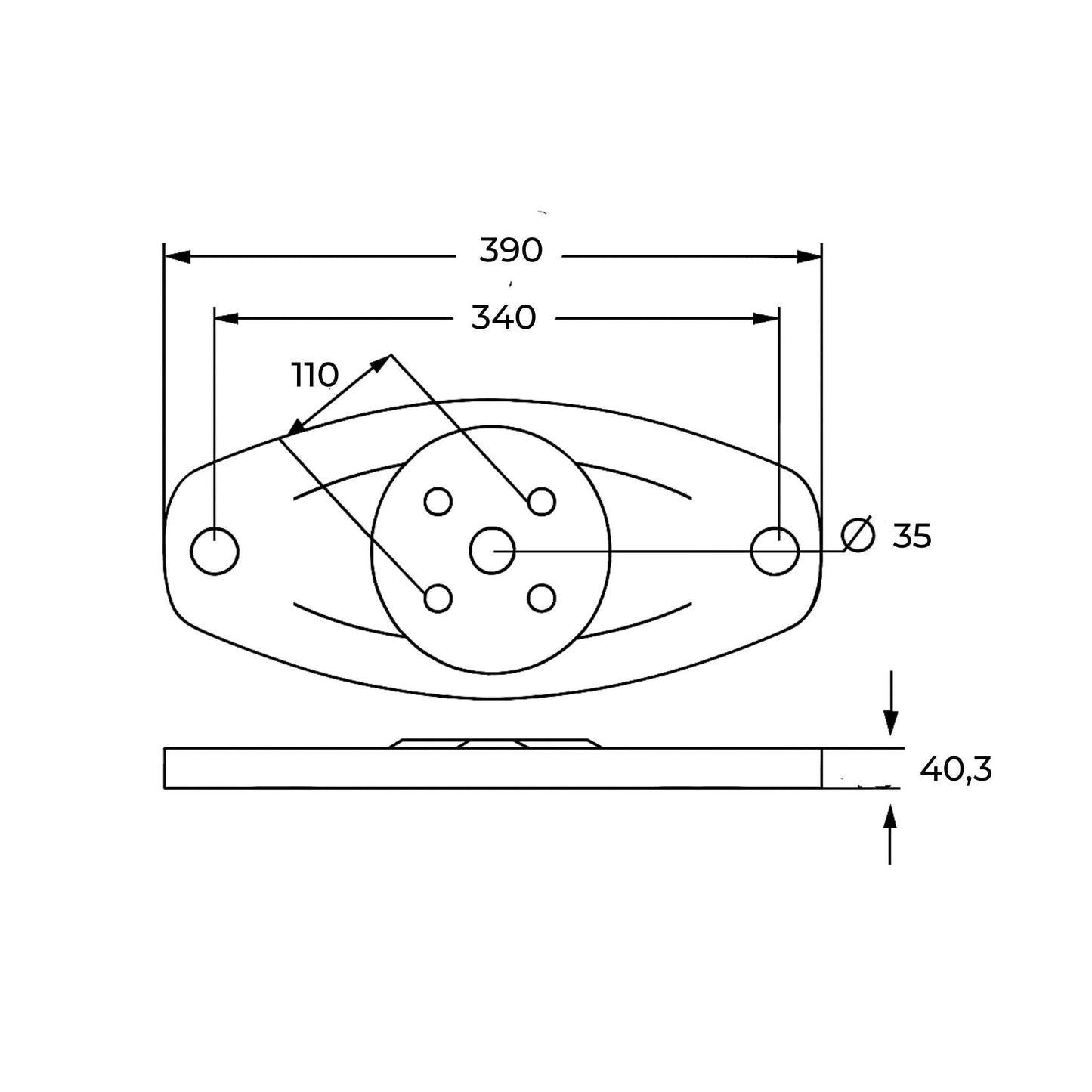 Plato portacuchillas ovalado de 390mm adaptable para segadoras Kuhn GMD y FC. Repuesto compatible con referencia original 56812600.