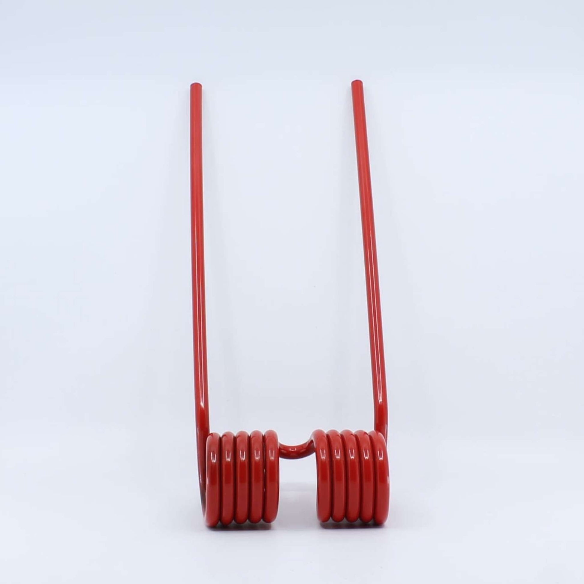 Púa elástica doble roja adaptable para henificador, henificadora o rastrillo henificador Claas Volto. Fabricada por La Spirale en Italia con acero de 9,5 mm, ref original 956815.1.