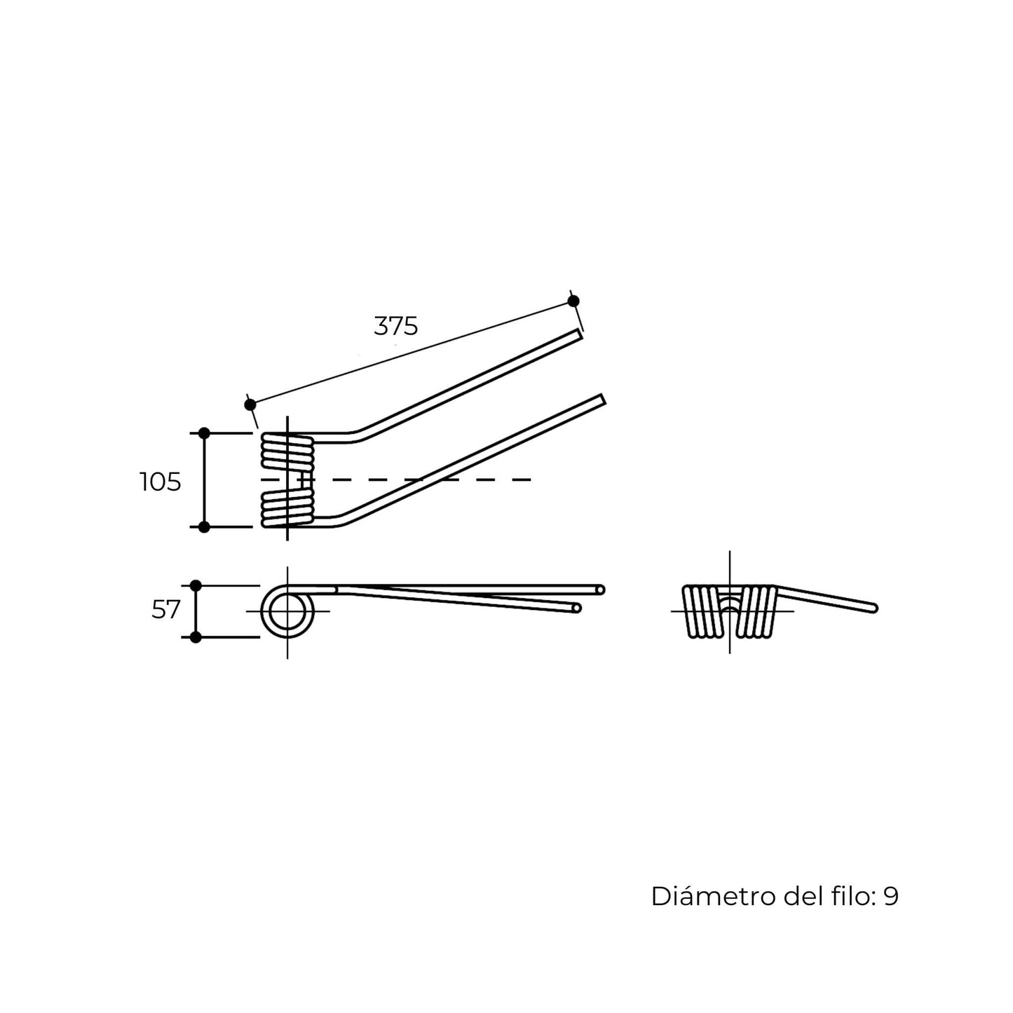 Púa elástica doble roja adaptable para henificador, henificadora o rastrillo Coma Eurodip (lado derecho). Fabricada por La Spirale en Italia con acero de 9 mm.