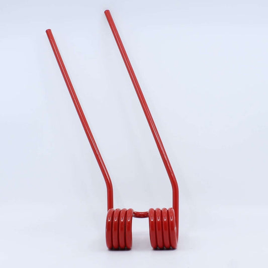 Púa elástica doble roja adaptable para henificador, henificadora o rastrillo Coma Eurodip (lado derecho). Fabricada por La Spirale en Italia con acero de 9 mm.