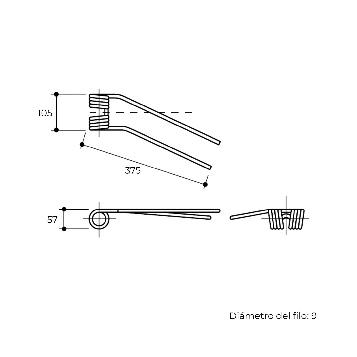 Púa elástica doble blanca adaptable para henificador, henificadora o rastrillo Coma Eurodip (lado izquierdo). Fabricada por La Spirale en Italia con acero de 9 mm.