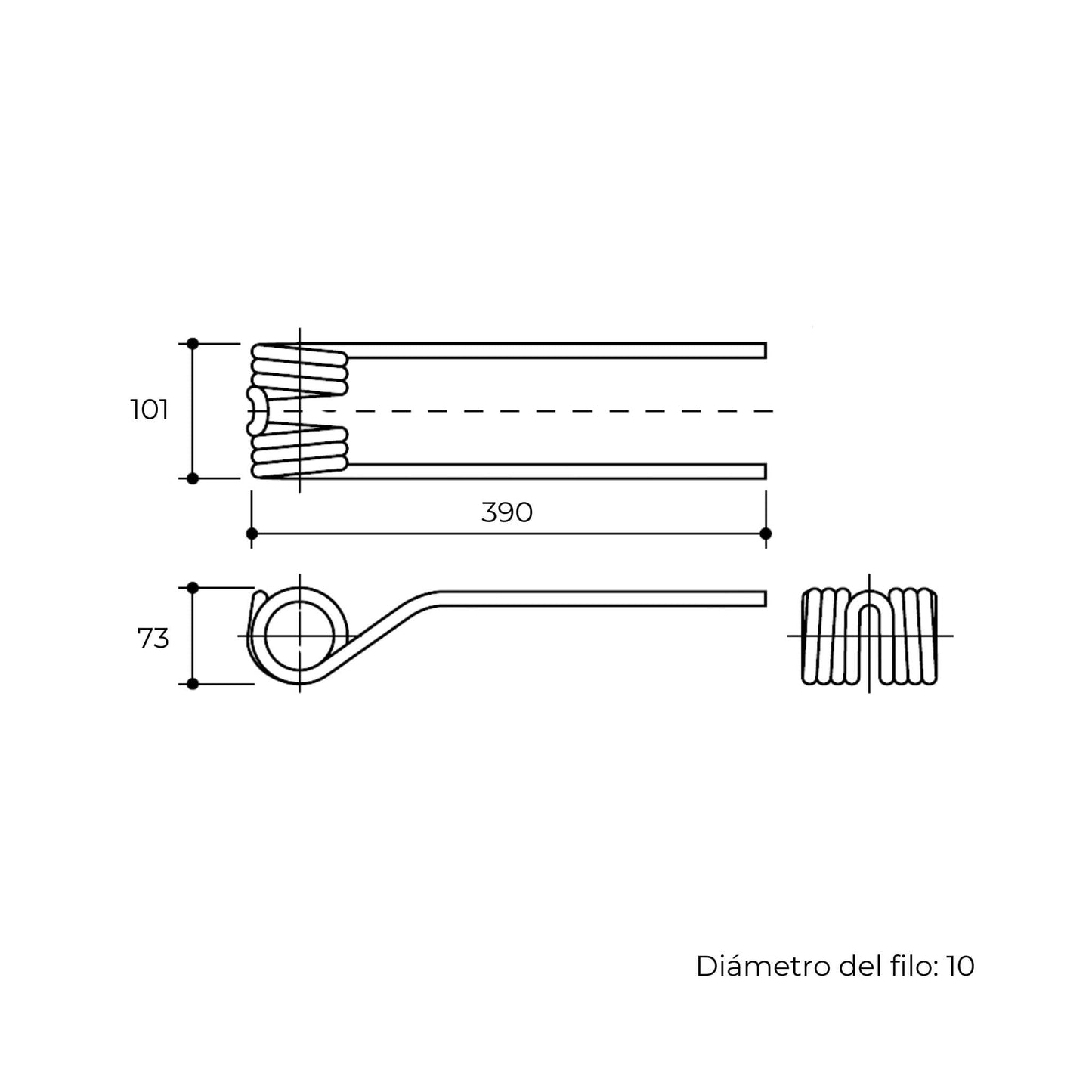 Púa elástica doble simétrica negra adaptable para henificador, henificadora o rastrillo Da Ros o Daros. Fabricada por La Spirale en Italia con acero de 10 mm.