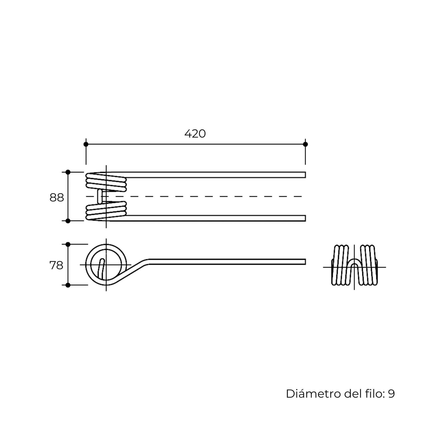 Púa elástica doble simétrica negra adaptable para henificador, henificadora o rastrillo Da Ros o Daros modelo antiguo. Fabricada por La Spirale en Italia con acero de 9 mm.