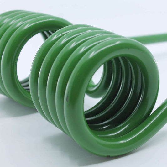Púa elástica doble asimétrica verde adaptable para henificador, henificadora o rastrillo Krone (lado derecho). Fabricada por La Spirale en Italia con acero de 10 mm, ref original 153014.1.