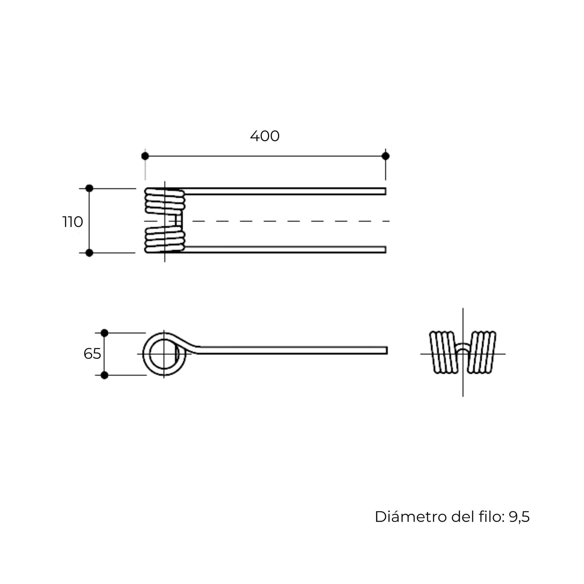 Púa elástica doble adaptable para henificador, henificadora o rastrillo de volteo Kuhn. Fabricada por La Spirale en Italia con acero de 9,5 mm de grosor, referencia original 57609000.
