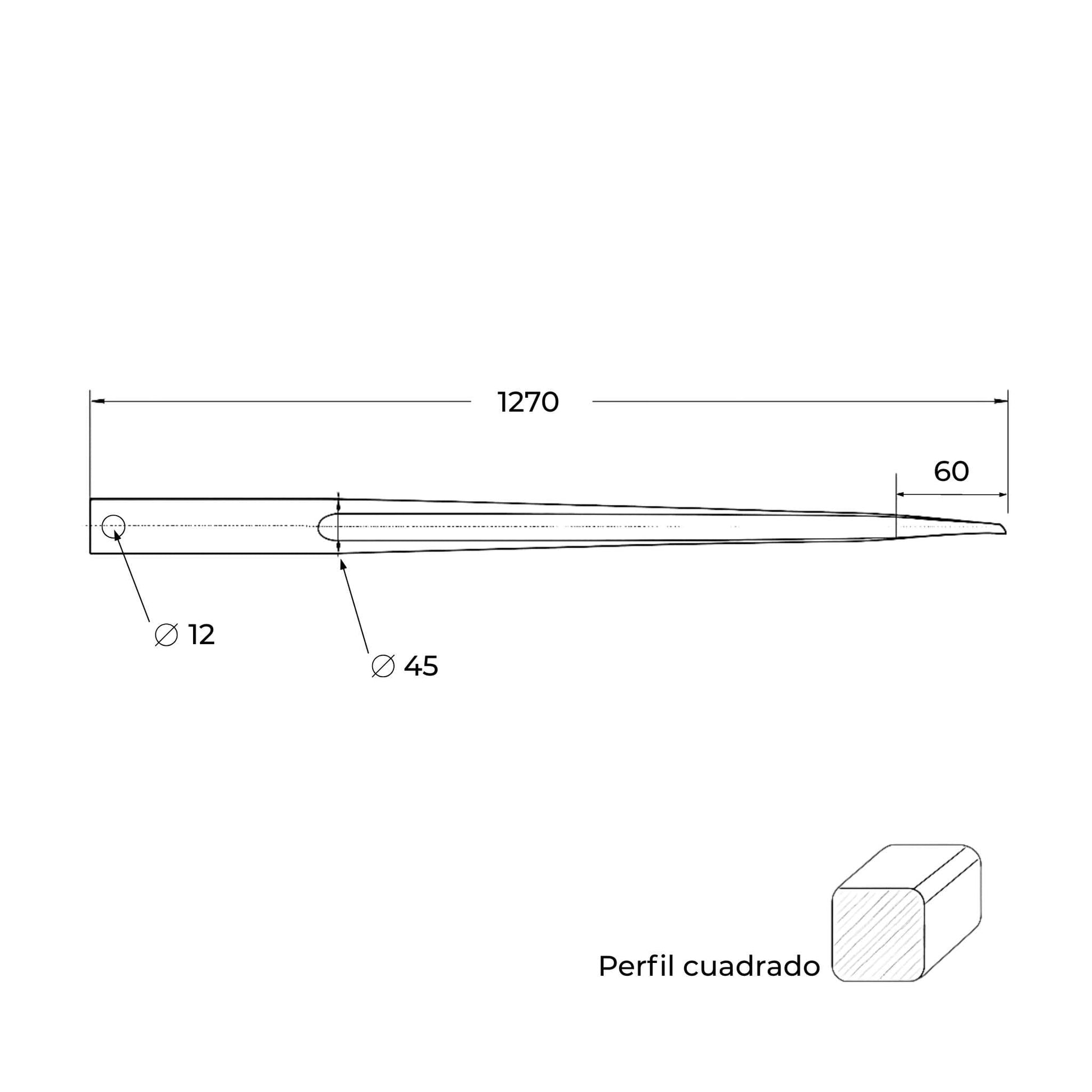 Púa carga pacas reforzada (diente o pincho para fardos). Longitud 1.270 mm y diámetro 45 mm. Acero forjado.