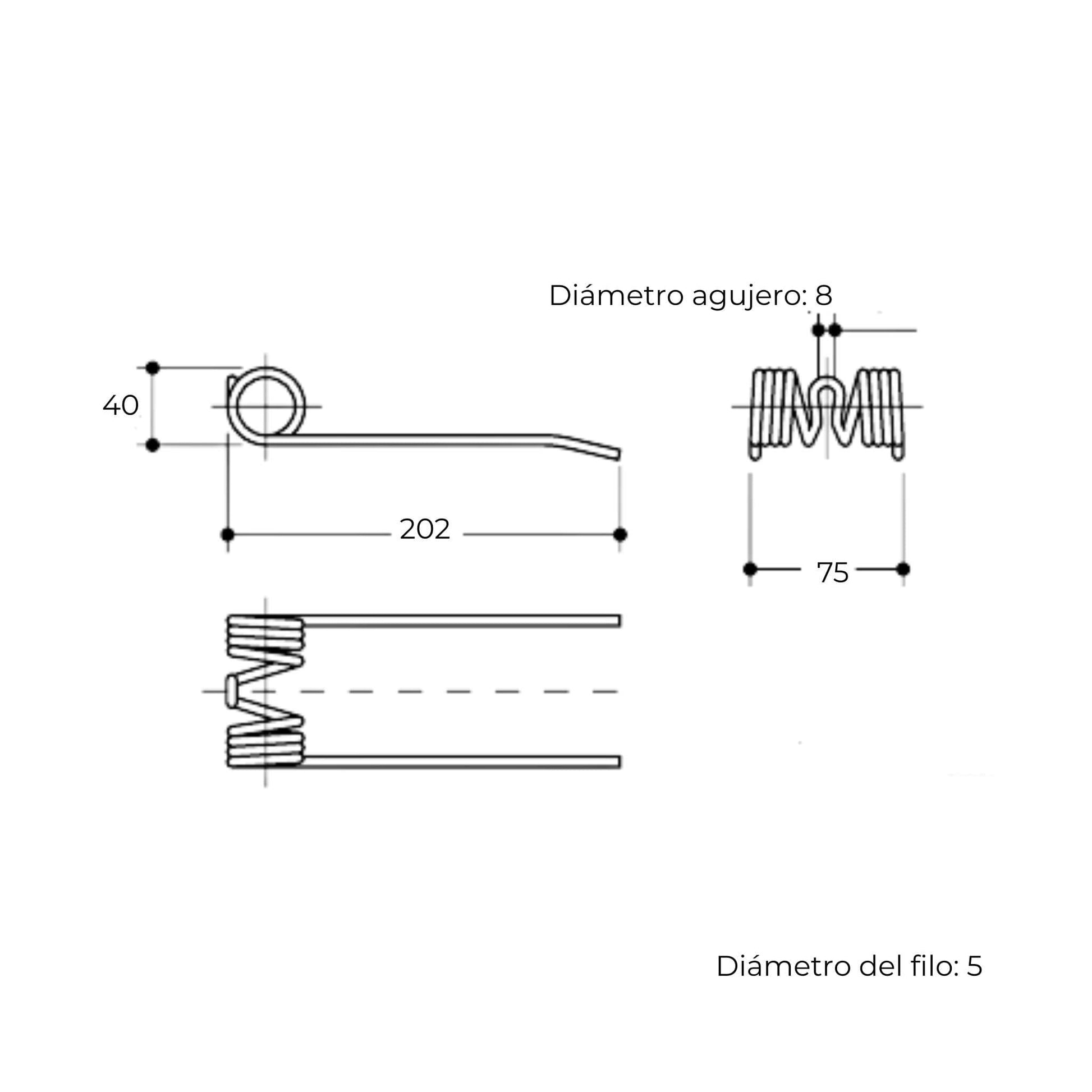 Púa de pick-up elástica adaptable para empacadoras Claas y Welger con orificio de fijación de 8 mm. Fabricada por La Spirale en Italia, referencias originales 8072971 y 814654.0.