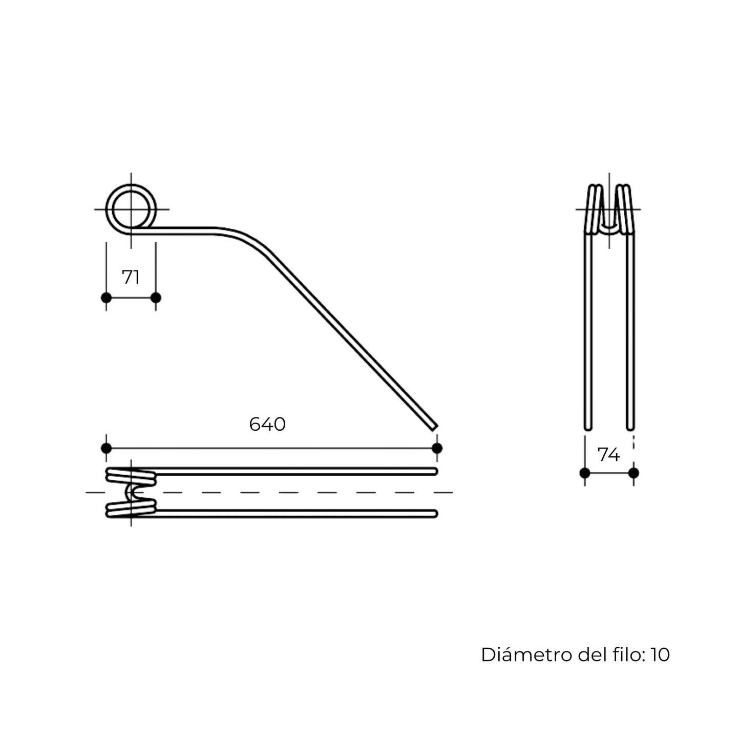 Púa y diente de rastrillo hilerador adaptable a Krone Swadro. Fabricada por La Spirale con hilo de 10mm y longitud de 640mm. Referencias 2684050 y 2680850.