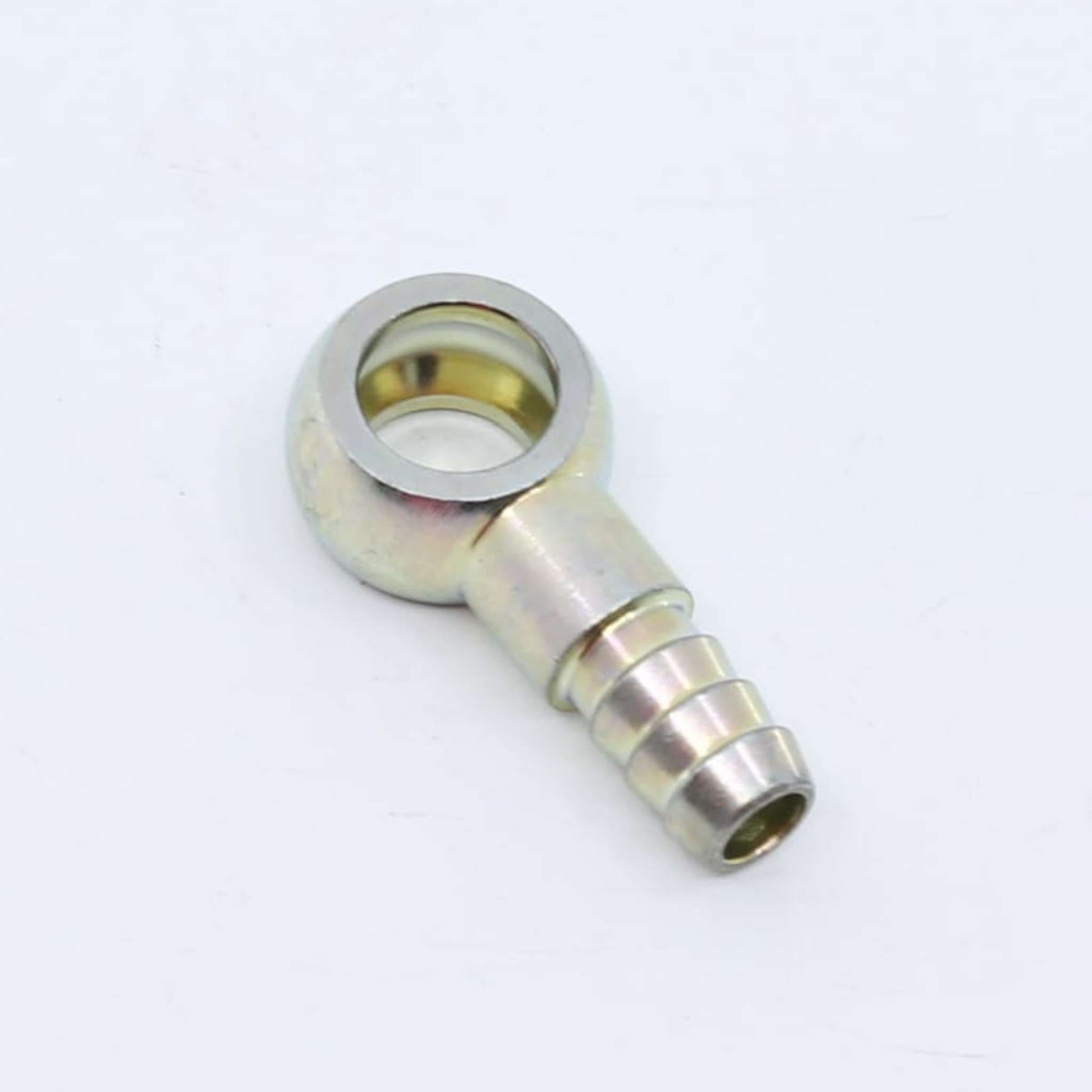 Racor de ojal o banjo zincado para circuito de gasóleo adaptable a tornillo de 14 mm con espiga para tubo de 10 mm.