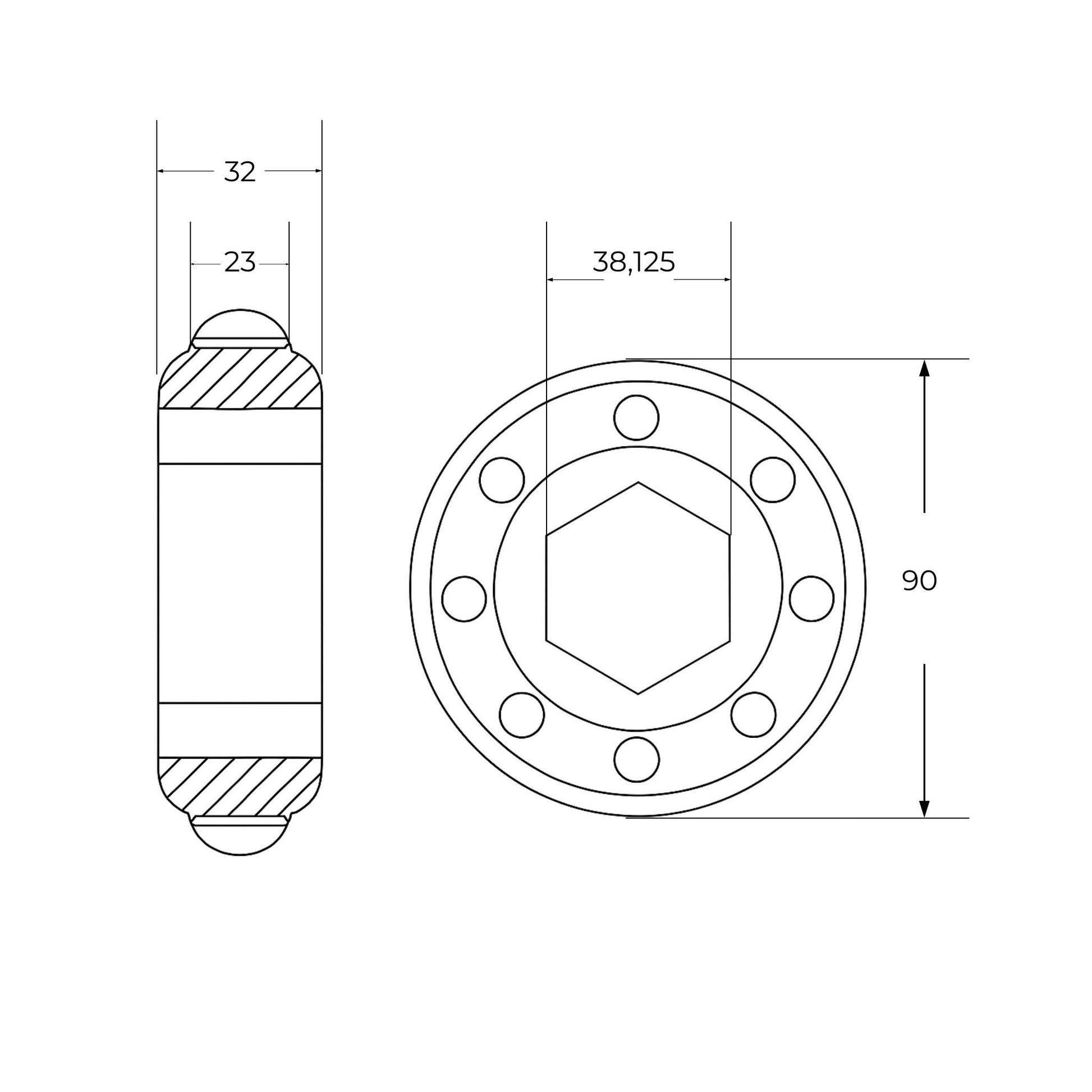 Componente agrícola con interior hexagonal de 38,125 mm para rotoempacadora John Deere. Diámetro exterior 90 mm, ancho interior de  23mm y ancho exterior de 32 mm.