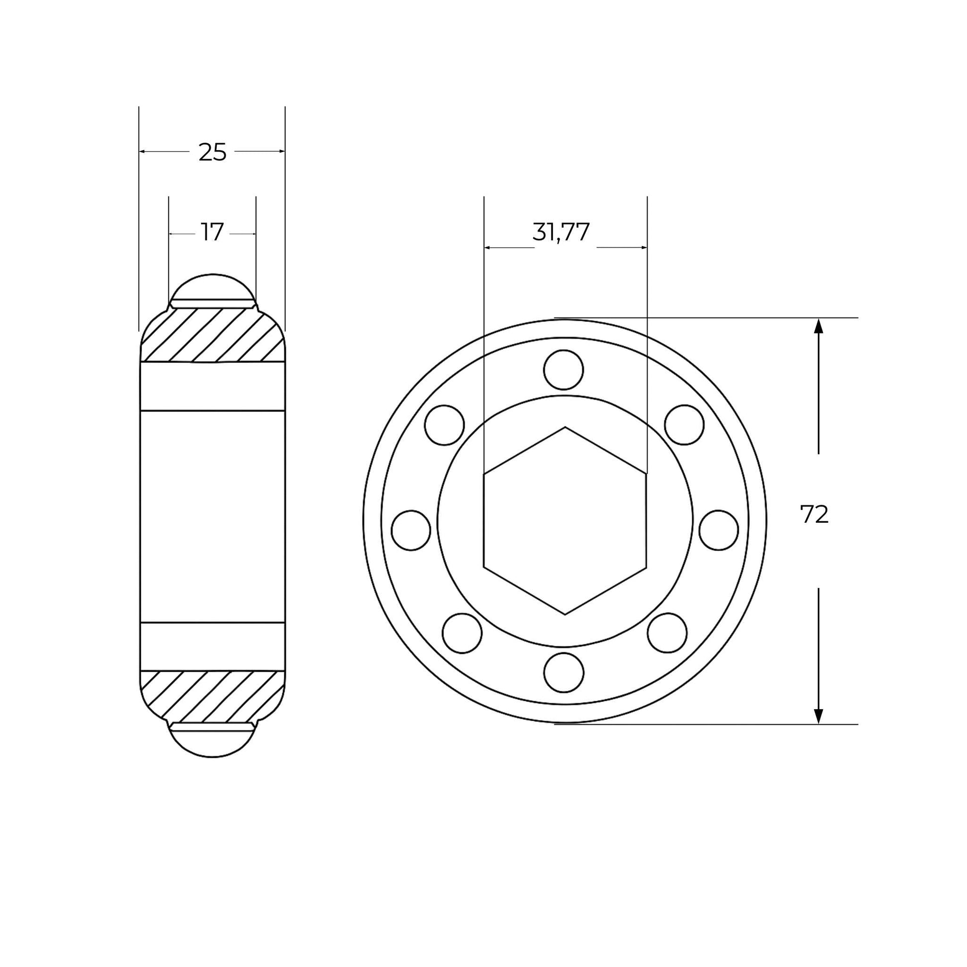 Rodamiento agrícola con pista exterior esférica (curva) e interior hexagonal de 31,77 mm y exterior de 72 mm para eje de rotoempacadora. Ancho interior de 17 mm y exterior de 25 mm.