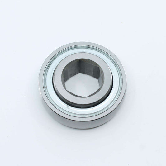 Rodamiento agrícola con pista exterior esférica (curva) e interior hexagonal de 28,60 mm para eje de rotoempacadora. Diámetro exterior de 72 mm, ancho interior de 17 mm y ancho exterior de 25 mm.
