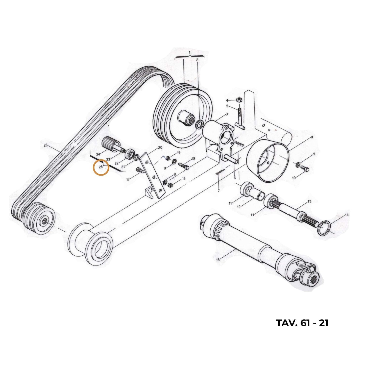Rodillo tensor original Gaspardo ref. 21120121 en posición 25. Polea tensora cilíndrica con rodamiento blindado integrado para transmisión de correas.