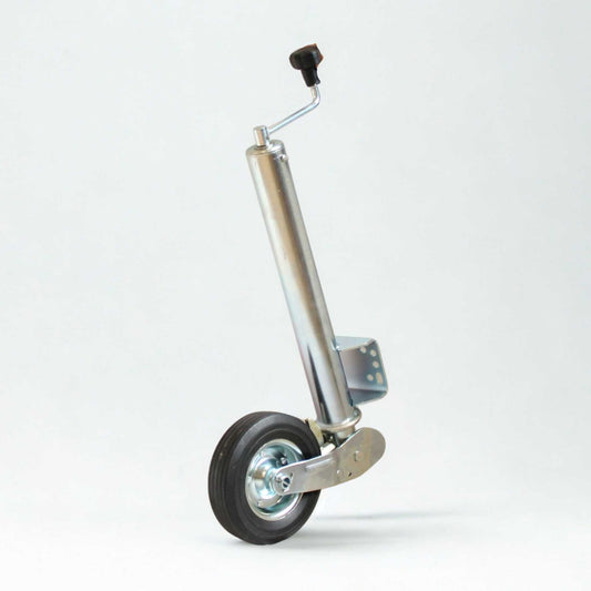 Rueda jockey reforzada, basculante y abatible para remolque y caravana, con un diámetro de 60 mm y una capacidad de carga máxima de 300 kg.