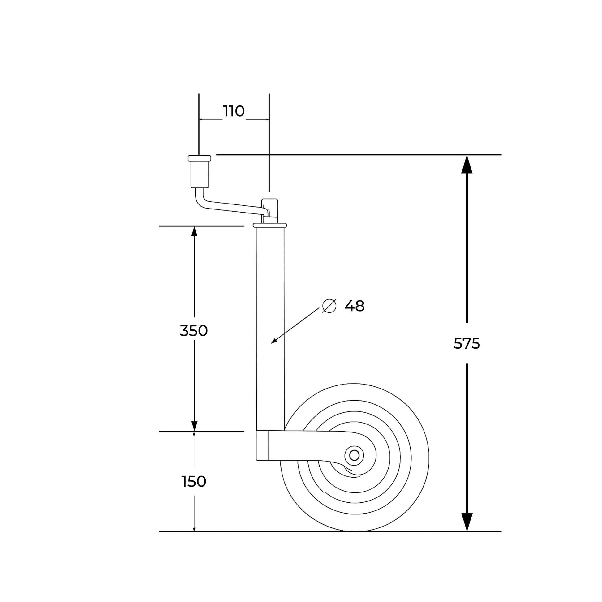 Rueda jockey para remolque y caravana, con un diámetro de 48 mm y una capacidad de carga máxima de 100 kg.