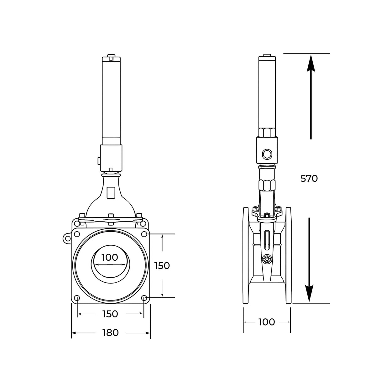 Tajadera o compuerta de válvula hidráulica de doble efecto Riv de 100 mm (4 pulgadas) de diámetro, macho, sin manillas y diseñada para su uso en cubas y cisternas de riego y purín.