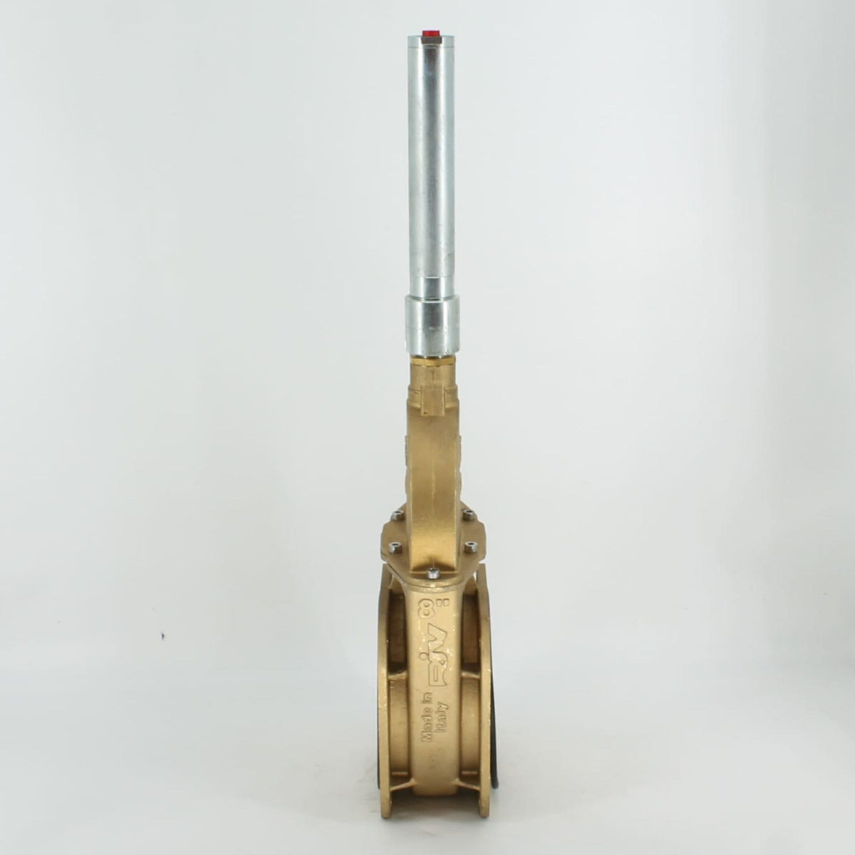 Tajadera o compuerta de válvula hidráulica Riv de 200 mm (8 pulgadas) de diámetro, macho, sin manillas y diseñada para su uso en cubas y cisternas de riego y purín.
