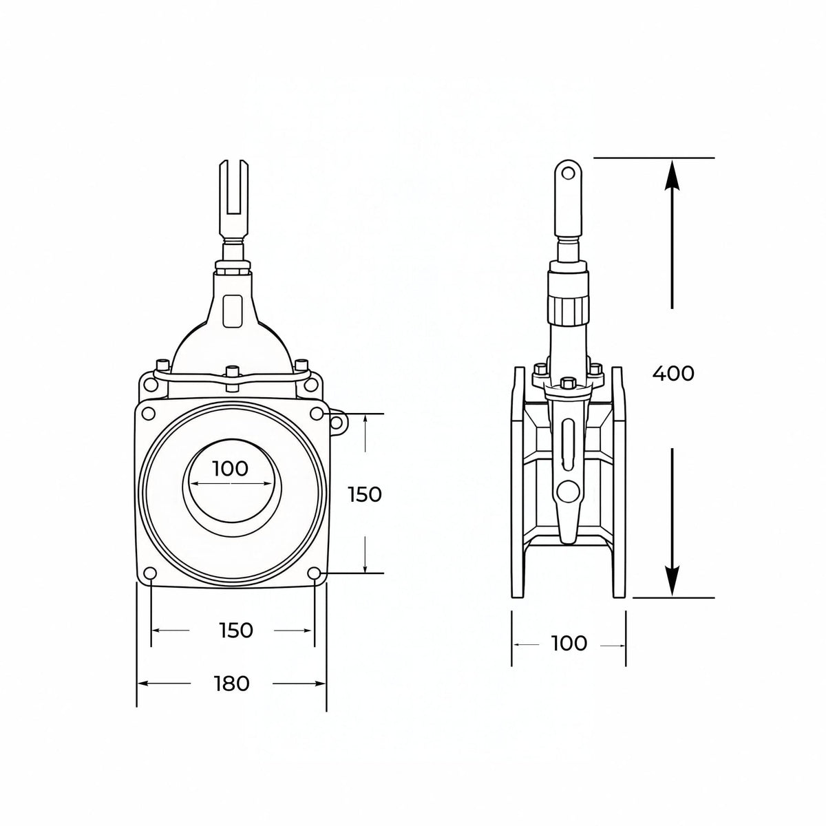 Tajadera o compuerta de válvula manual Riv de 100 mm (4 pulgadas) de diámetro, macho, sin manillas y diseñada para su uso en cubas y cisternas de riego y purín.
