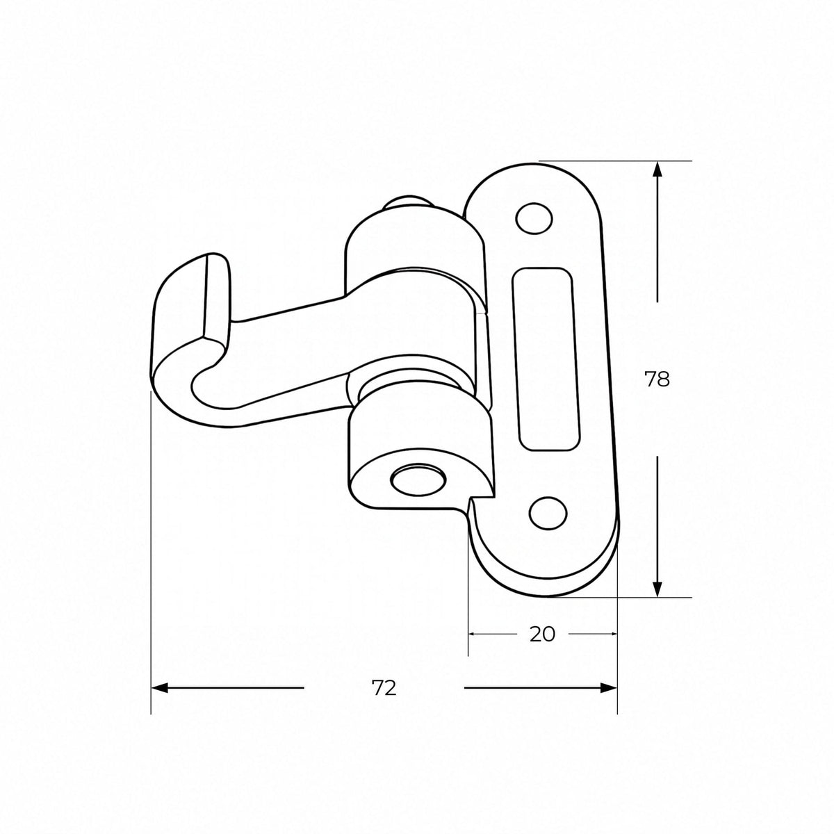 Uña articulada forjada para cierre de remolque con base de 78 x 20 mm.